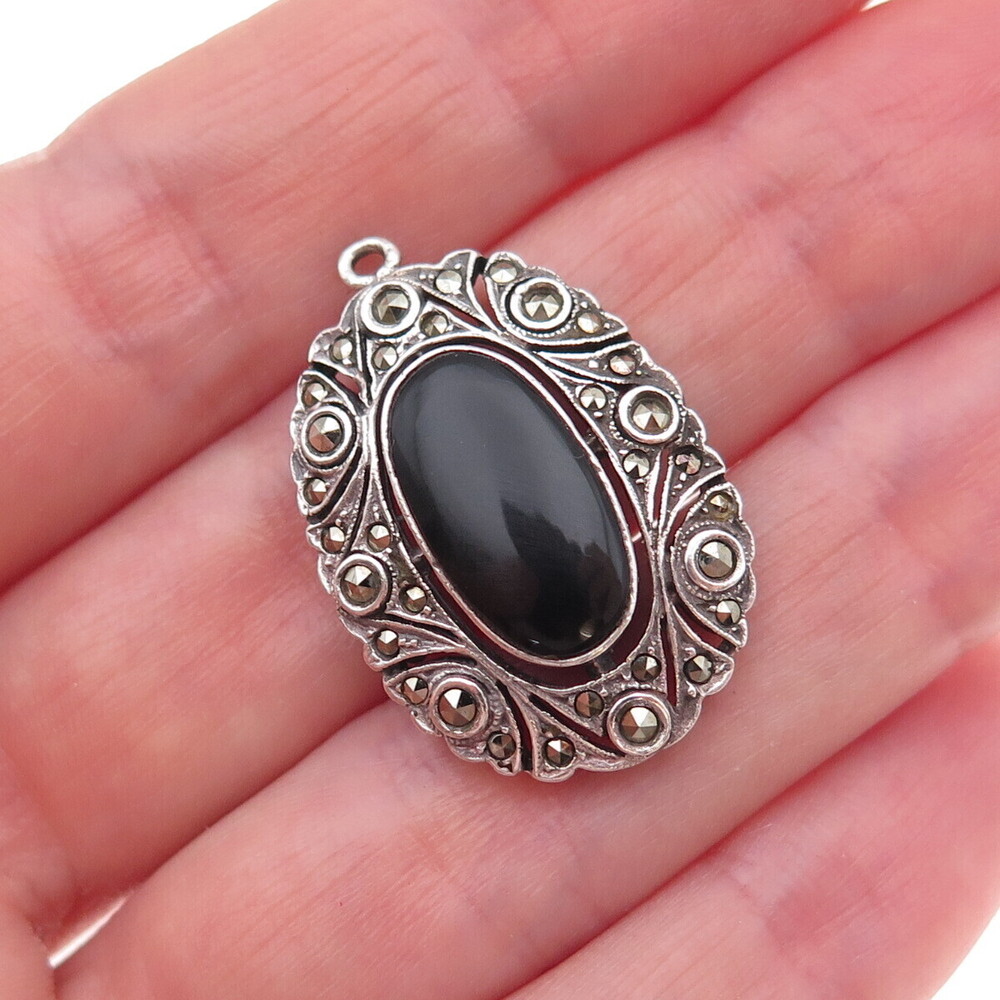 925 Sterling Silver Vintage Real Black Onyx & Marcasite Oxidized Charm Pendant